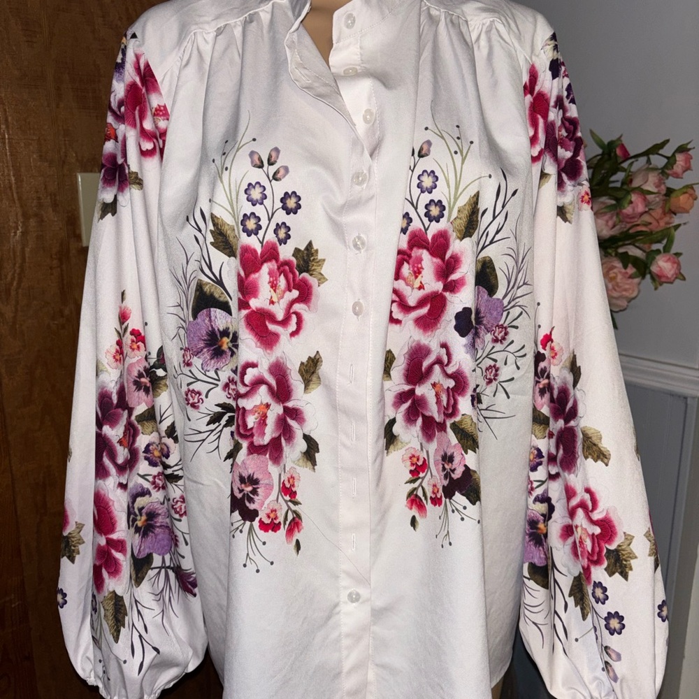 White Floral Button-Up Blouse with Pink & Purple Blooms